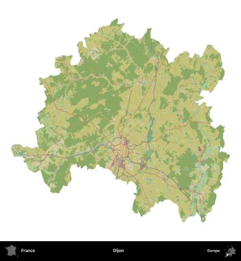 Dijon. Fransa 'nın idari bölgesi bir OpenStreetMap İnsani Harita stili haritasında beyaza izole edildi