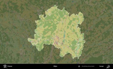 Dijon. Fransa 'nın idari alanı karanlık bir OpenStreetMap İnsani Haritası' na vurgulandı ve özetlendi