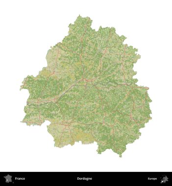 Dordogne. Fransa 'nın idari bölgesi bir OpenStreetMap İnsani Harita stili haritasında beyaza izole edildi