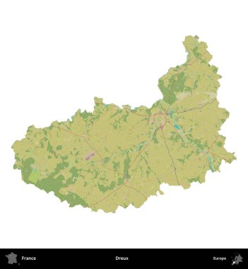 Dreux. Fransa 'nın idari bölgesi bir OpenStreetMap İnsani Harita stili haritasında beyaza izole edildi