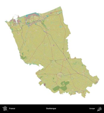 Dunkerque 'de. Fransa 'nın idari bölgesi bir OpenStreetMap İnsani Harita stili haritasında beyaza izole edildi