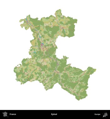 Epinal. Fransa 'nın idari bölgesi bir OpenStreetMap İnsani Harita stili haritasında beyaza izole edildi