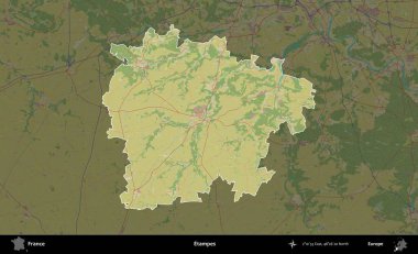 Etampes. Fransa 'nın idari alanı karanlık bir OpenStreetMap İnsani Haritası' na vurgulandı ve özetlendi