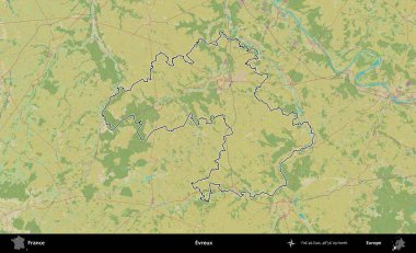 Evreux. OpenStreetMap İnsani Haritada Fransa 'nın idari alanının ana hatları