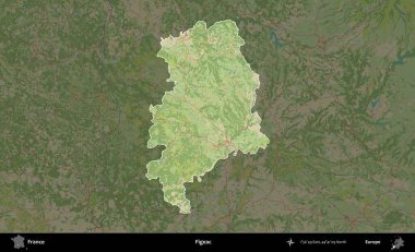 Figeac. Fransa 'nın idari alanı karanlık bir OpenStreetMap İnsani Haritası' na vurgulandı ve özetlendi