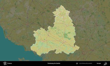 Fontenay-le-Comte. Fransa 'nın idari alanı karanlık bir OpenStreetMap İnsani Haritası' na vurgulandı ve özetlendi
