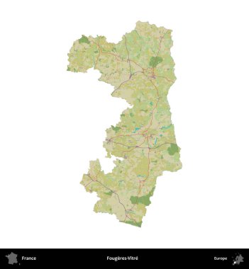 Fougeres-Vitre. Fransa 'nın idari bölgesi bir OpenStreetMap İnsani Harita stili haritasında beyaza izole edildi