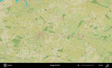 Fougeres-Vitre. OpenStreetMap İnsani Yardım Stili Haritasında Fransa 'nın idari alanı