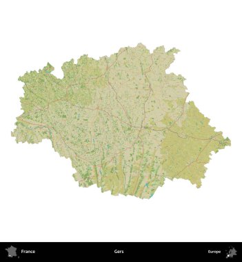 Gers. Fransa 'nın idari bölgesi bir OpenStreetMap İnsani Harita stili haritasında beyaza izole edildi