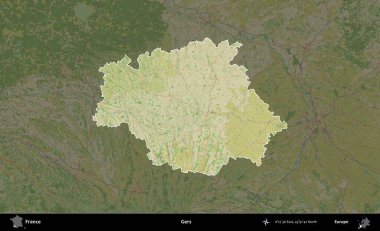 Gers. Fransa 'nın idari alanı karanlık bir OpenStreetMap İnsani Haritası' na vurgulandı ve özetlendi