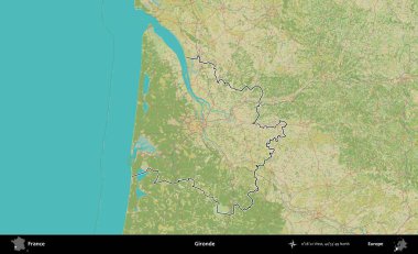 Gironde. OpenStreetMap İnsani Haritada Fransa 'nın idari alanının ana hatları