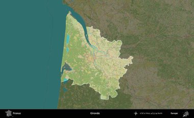 Gironde. Fransa 'nın idari alanı karanlık bir OpenStreetMap İnsani Haritası' na vurgulandı ve özetlendi