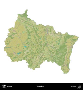 Grand Est. Fransa 'nın idari bölgesi bir OpenStreetMap İnsani Harita stili haritasında beyaza izole edildi