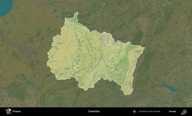 Grand Est. Fransa 'nın idari alanı karanlık bir OpenStreetMap İnsani Haritası' na vurgulandı ve özetlendi