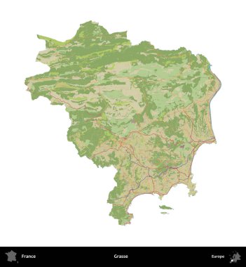 Grasse. Fransa 'nın idari bölgesi bir OpenStreetMap İnsani Harita stili haritasında beyaza izole edildi