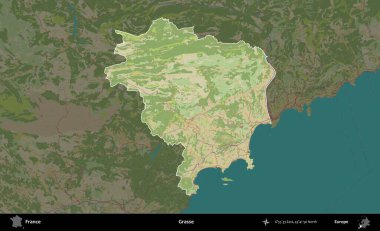 Grasse. Fransa 'nın idari alanı karanlık bir OpenStreetMap İnsani Haritası' na vurgulandı ve özetlendi