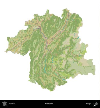 Grenoble. Fransa 'nın idari bölgesi bir OpenStreetMap İnsani Harita stili haritasında beyaza izole edildi