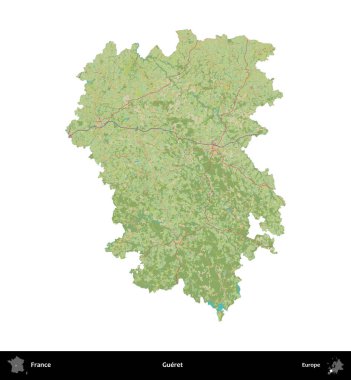 Gueret. Fransa 'nın idari bölgesi bir OpenStreetMap İnsani Harita stili haritasında beyaza izole edildi