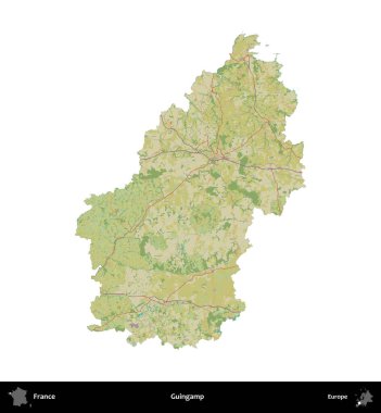 Guingamp. Fransa 'nın idari bölgesi bir OpenStreetMap İnsani Harita stili haritasında beyaza izole edildi