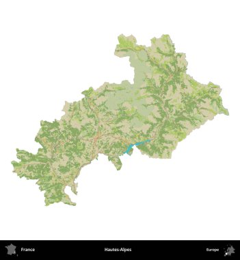 Hautes-Alpes. Fransa 'nın idari bölgesi bir OpenStreetMap İnsani Harita stili haritasında beyaza izole edildi