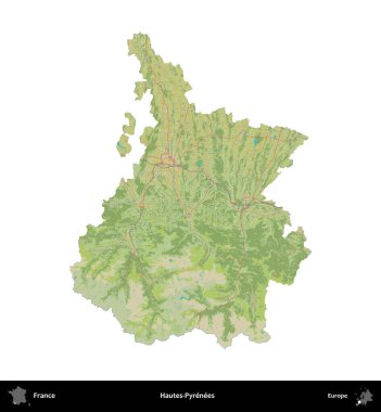 Hautes-Pyrenees 'de. Fransa 'nın idari bölgesi bir OpenStreetMap İnsani Harita stili haritasında beyaza izole edildi