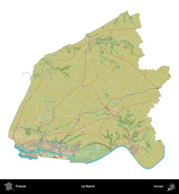 Le Havre. Fransa 'nın idari bölgesi bir OpenStreetMap İnsani Harita stili haritasında beyaza izole edildi