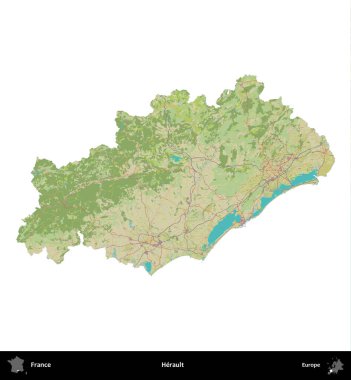Herault. Fransa 'nın idari bölgesi bir OpenStreetMap İnsani Harita stili haritasında beyaza izole edildi