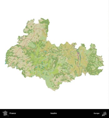 Issoire. Fransa 'nın idari bölgesi bir OpenStreetMap İnsani Harita stili haritasında beyaza izole edildi