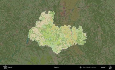 Issoire. Fransa 'nın idari alanı karanlık bir OpenStreetMap İnsani Haritası' na vurgulandı ve özetlendi