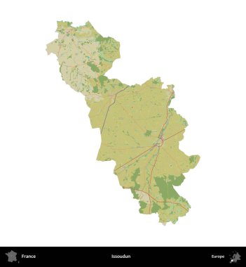 Issoudun. Fransa 'nın idari bölgesi bir OpenStreetMap İnsani Harita stili haritasında beyaza izole edildi