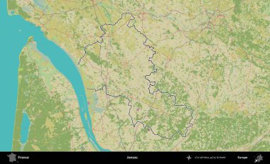 Jonzac. OpenStreetMap İnsani Haritada Fransa 'nın idari alanının ana hatları
