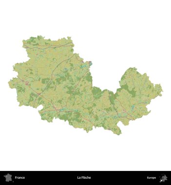 La Fleche. Fransa 'nın idari bölgesi bir OpenStreetMap İnsani Harita stili haritasında beyaza izole edildi