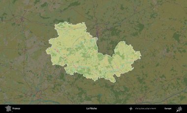 La Fleche. Fransa 'nın idari alanı karanlık bir OpenStreetMap İnsani Haritası' na vurgulandı ve özetlendi