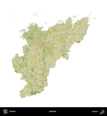 Lannion. Fransa 'nın idari bölgesi bir OpenStreetMap İnsani Harita stili haritasında beyaza izole edildi