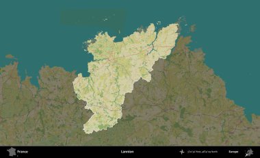 Lannion. Fransa 'nın idari alanı karanlık bir OpenStreetMap İnsani Haritası' na vurgulandı ve özetlendi