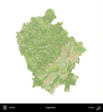 Largentiere. Fransa 'nın idari bölgesi bir OpenStreetMap İnsani Harita stili haritasında beyaza izole edildi