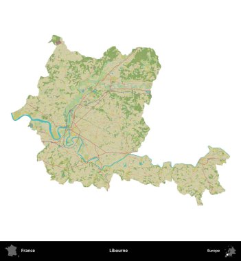 Libourne. Fransa 'nın idari bölgesi bir OpenStreetMap İnsani Harita stili haritasında beyaza izole edildi