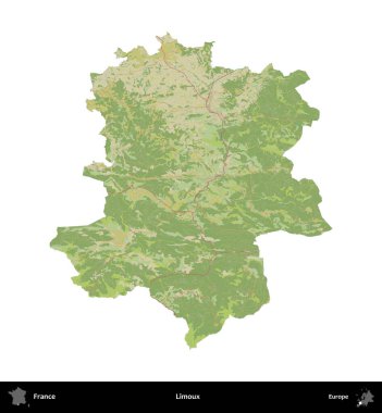 Limuzin. Fransa 'nın idari bölgesi bir OpenStreetMap İnsani Harita stili haritasında beyaza izole edildi