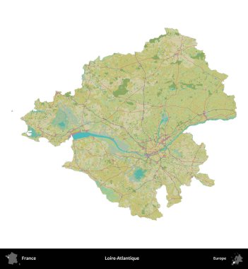 Loire-Atlantique 'de. Fransa 'nın idari bölgesi bir OpenStreetMap İnsani Harita stili haritasında beyaza izole edildi