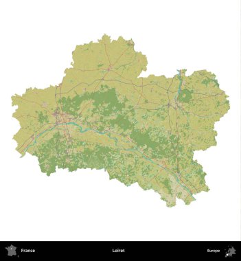 Loiret. Fransa 'nın idari bölgesi bir OpenStreetMap İnsani Harita stili haritasında beyaza izole edildi