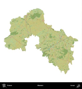 Mamers. Fransa 'nın idari bölgesi bir OpenStreetMap İnsani Harita stili haritasında beyaza izole edildi