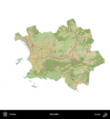 Marsilya. Fransa 'nın idari bölgesi bir OpenStreetMap İnsani Harita stili haritasında beyaza izole edildi
