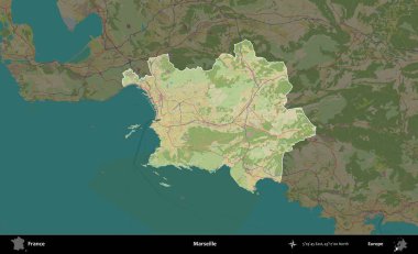 Marsilya. Fransa 'nın idari alanı karanlık bir OpenStreetMap İnsani Haritası' na vurgulandı ve özetlendi