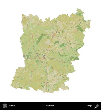 Mayenne. Fransa 'nın idari bölgesi bir OpenStreetMap İnsani Harita stili haritasında beyaza izole edildi