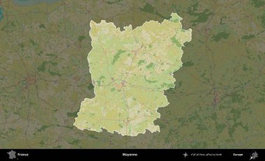 Mayenne. Fransa 'nın idari alanı karanlık bir OpenStreetMap İnsani Haritası' na vurgulandı ve özetlendi