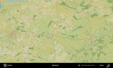 Mayenne. OpenStreetMap İnsani Yardım Stili Haritasında Fransa 'nın idari alanı