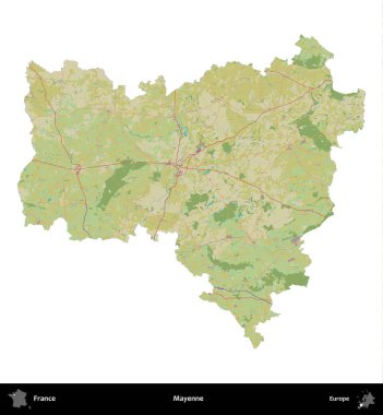 Mayenne. Fransa 'nın idari bölgesi bir OpenStreetMap İnsani Harita stili haritasında beyaza izole edildi