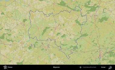 Mayenne. OpenStreetMap İnsani Haritada Fransa 'nın idari alanının ana hatları