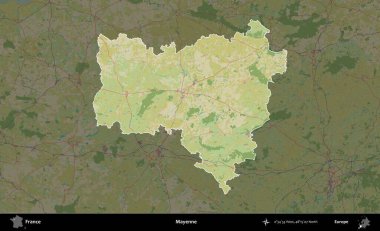 Mayenne. Fransa 'nın idari alanı karanlık bir OpenStreetMap İnsani Haritası' na vurgulandı ve özetlendi