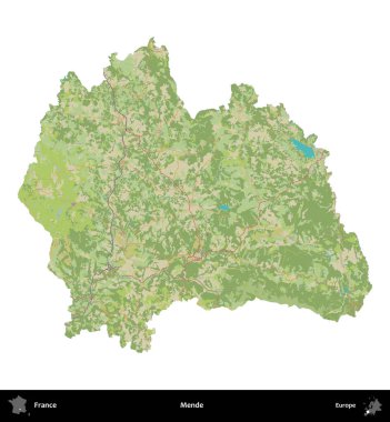 Mende. Fransa 'nın idari bölgesi bir OpenStreetMap İnsani Harita stili haritasında beyaza izole edildi